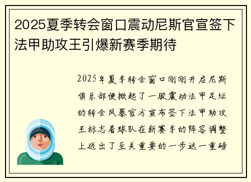 2025夏季转会窗口震动尼斯官宣签下法甲助攻王引爆新赛季期待