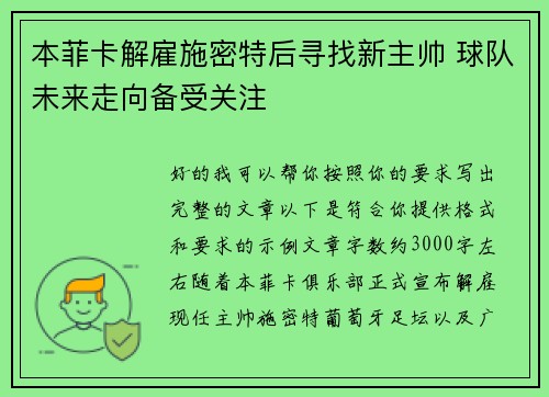 本菲卡解雇施密特后寻找新主帅 球队未来走向备受关注 本菲卡解雇施密特后寻找新主帅 球队未来走向备受关注